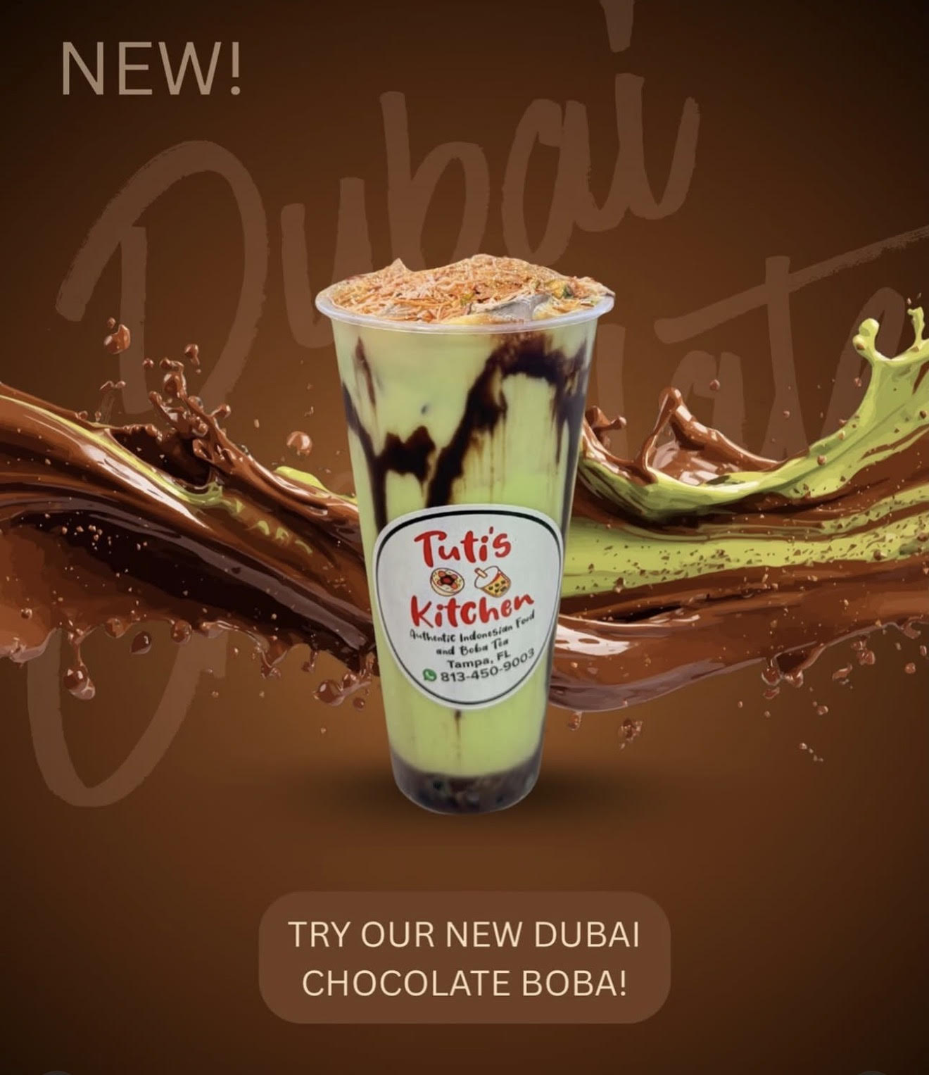 Dubai Chocolate Boba — pistachio milk with chocolate drizzle and crispy kataifi topping